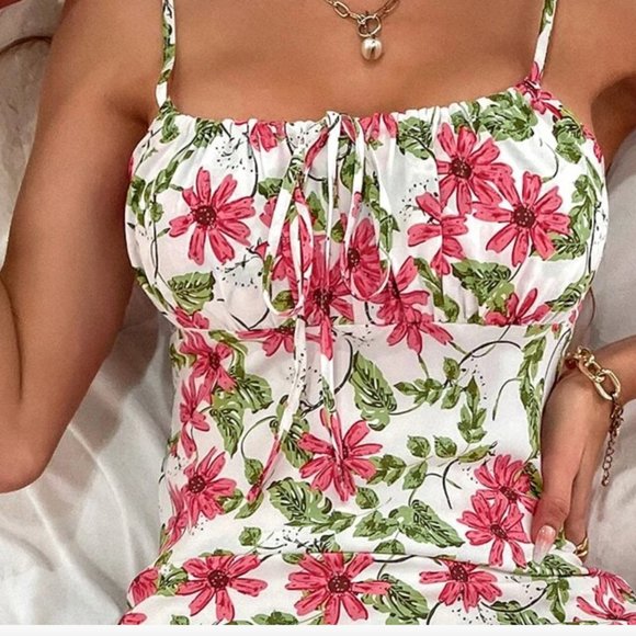 Boho Floral Print Ruched Bust Knot Front Dress 50% OFF - Picture 4 of 11